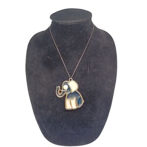 Vintage 1970s Plastic Stained Glass Elephant Pendant Necklace blue white